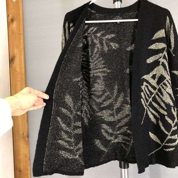 Lucky BRAND Wool Blend Black Open Cardigan Metallic‎ Gold Leaf Motif Sz S - Picture 4 of 10
